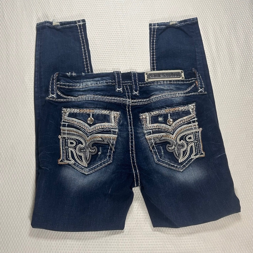 Rock Revival Purple Easy Ankle Skinny Jeans Dark Wash Distressed 28 Rhinestone